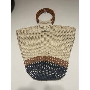 O'Neill Kye Summer Tote Bag Woven Straw Cream Brown Navy Wood Handle Womens USED